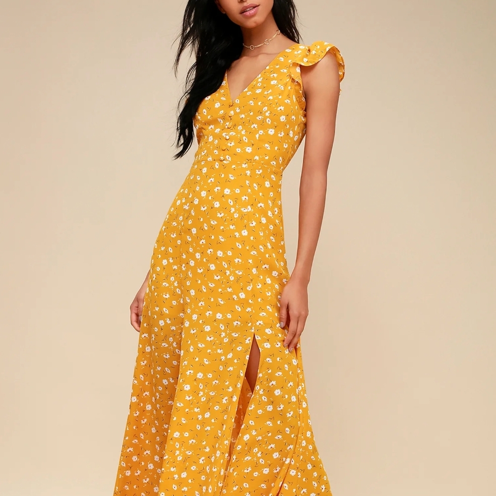 Lulus Fresh Picked Mustard Yellow Floral Print Backless Maxi Dress